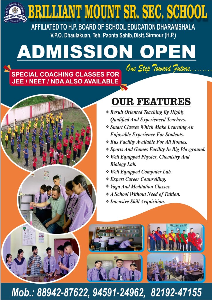 Brilliant Mount Senior Secondary School Dhaula Kuan Himachal Pradesh admission open banner with school facilities and student activities
